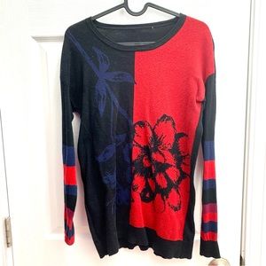 BCBGeneration 100% Cotton Red and Black Floral Sweater